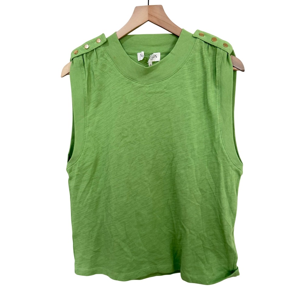 Nation LTD Sleeveless Top Large Lime Green Gold Button Epaulette Slub Cotton